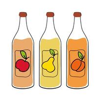 Assorted fruit juice bottles displayed on a flat surface in a bright setting vector