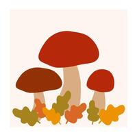 Colorful mushrooms surrounded by autumn leaves in a minimalist design setting vector