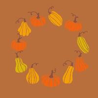 Colorful assortment of pumpkins arranged in a circular pattern against a brown background during autumn vector