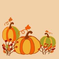Autumn trio of colorful pumpkins with leaves and berries on a warm background vector