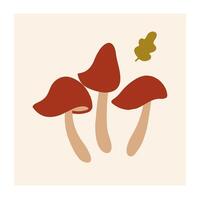 Three red mushrooms with brown stems and a small leaf in a neutral background vector