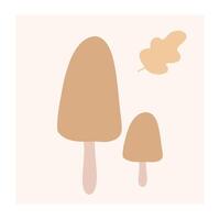 Abstract illustration featuring two simplistic mushrooms and a leaf on a soft background vector