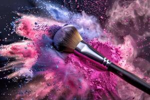 Makeup Brush on Colorful Powder Explosion, Blush and Eyeshadow in Motion Against Black Background photo