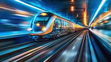 Modern High-Speed Train in Motion, Blurred Light Trails in Underground Tunnel, Public Transport photo