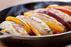 Grilled Chicken Breast Slices with Bell Peppers Closeup of Juicy Chicken Fajita Ingredients photo