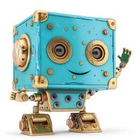 Smiling vintage robot waving Hello. Toy robot on a white background. 3D illustration, clipping path photo