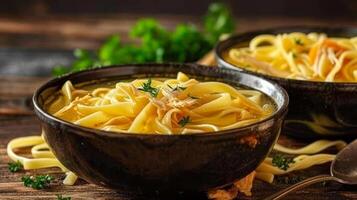Close Up, Comfort Food Photography Steaming Bowls of Chicken Noodle Soup with Rustic Setting photo