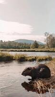A Beaver in its Natural Habitat Standing by a Serene River with a Mountain View on a Sunny Day photo