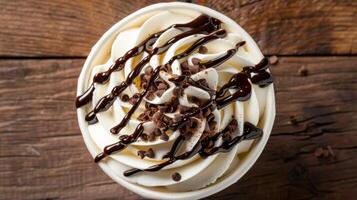 Vanilla Ice Cream in a Paper Cup with Chocolate Syrup and Chocolate Sprinkles, Top View photo