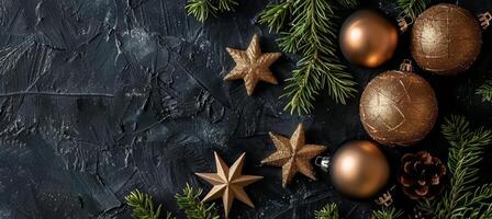 Golden Christmas Decoration, Balls, Stars on Black Texture Background, Top View, Flat Lay photo