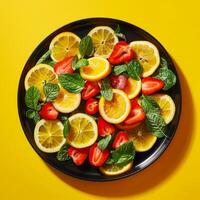 Citrus Summer Freshness A Vibrant Assortment of Sliced Oranges and Strawberries on Yellow photo
