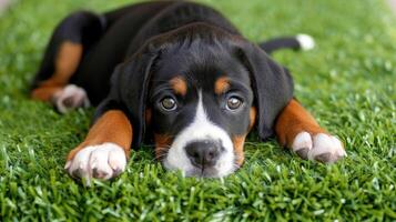 Adorable Black and Tan Puppy Relaxing on Green Grass A Portrait of a Puppy with Soulful Eyes photo