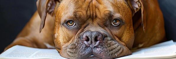 Close-Up of a Contemplative Brown Dog with Soulful Eyes Resting on an Open Book, Selective Focus photo