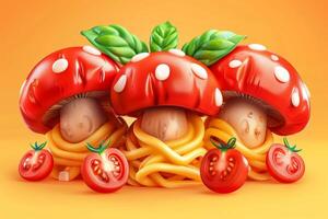 Three Red and White Mushrooms with Green Leaves Atop Spaghetti Noodles and Tomato Slices photo