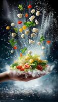 Fresh salad ingredients explosion. Green vegan salad with flying vegetables on a dark background. photo