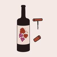 Preparing to open a bottle of wine with corkscrew and cork vector