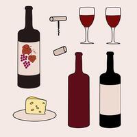 A wine tasting setup featuring red wines, cheese, and glasses on a neutral background vector