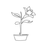 continuous line art or monoline drawing of simple flower on the pot vector