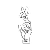 continuous line art or monoline drawing of hand raises the butterfly vector