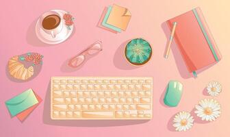 Comfortable and cozy workplace of designer, manager, or IT consultant for remote work. Suitable for presentation, advirtisment, background, game. Contains a cup of coffee, cactus, mouse, diary, notes. vector