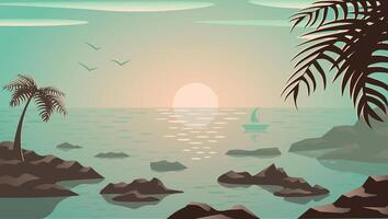 Turquoise sunset on the sea side. Rock, palm trees, sun, birds. Good background for website, presentation, blog in social media about travelling. vector