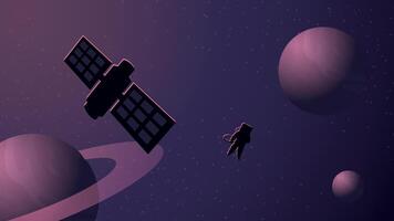 Outer space. planets, astronaut and spaceship sillhouettes. Technological cosmic mood. Purple and dark colors. vector
