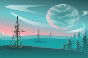 Industrial landscape with a planet and an electricity tower. Suits for presentation, background, advertisment or web site vector
