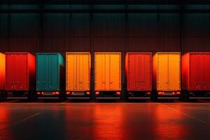 A collection of industrial trucks lined up in a warehouse photo
