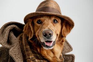 Happy Dog wearing Detective costumes, studio lighting, isolated on white background, stock photographic style photo