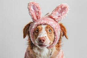 Happy Dog wearing Easter Bunny costumes, studio lighting, isolated on white background, stock photographic style photo
