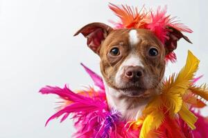 Happy Dog wearing Dancer costumes, studio lighting, isolated on white background, stock photographic style photo