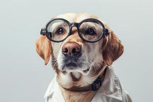 Happy Dog wearing Scientist costumes, studio lighting, isolated on white background, stock photographic style photo