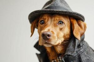 Happy Dog wearing Detective costumes, studio lighting, isolated on white background, stock photographic style photo