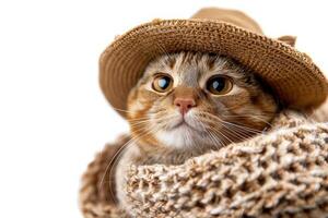 Happy cat wearing Farmer costumes, studio lighting, isolated on white background, stock photographic style photo
