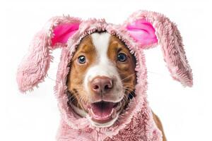 Happy Dog wearing Easter Bunny costumes, studio lighting, isolated on white background, stock photographic style photo