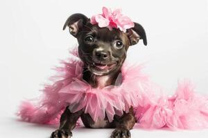 Happy Dog wearing Ballerina costumes, studio lighting, isolated on white background, stock photographic style photo