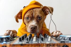 Happy Dog wearing DJ costumes, studio lighting, isolated on white background, stock photographic style photo