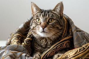 Happy cat wearing Ancient Roman costumes, studio lighting, isolated on white background, stock photographic style photo