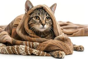 Happy cat wearing Ancient Greek costumes, studio lighting, isolated on white background, stock photographic style photo
