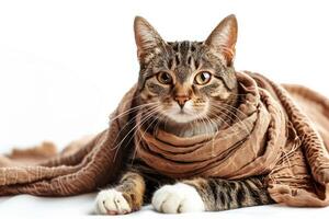 Happy cat wearing Ancient Roman costumes, studio lighting, isolated on white background, stock photographic style photo