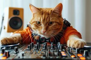 Happy cat wearing DJ costumes, studio lighting, isolated on white background, stock photographic style photo