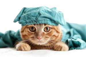 Happy cat wearing Doctor costumes, studio lighting, isolated on white background, stock photographic style photo
