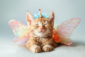 Happy cat wearing Fairy costumes, studio lighting, isolated on white background, stock photographic style photo