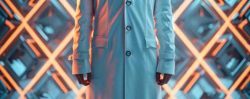 A person wearing a white coat stands in front of a neon light background. photo