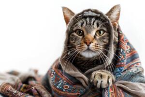 Happy cat wearing Ancient Greek costumes, studio lighting, isolated on white background, stock photographic style photo