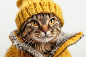 Happy cat wearing Fisherman costumes, studio lighting, isolated on white background, stock photographic style photo