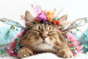 Happy cat wearing Fairy costumes, studio lighting, isolated on white background, stock photographic style photo