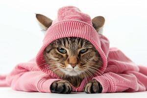 Happy cat wearing Fitness Trainer costumes, studio lighting, isolated on white background, stock photographic style photo