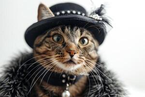 Happy cat wearing Flapper costumes, studio lighting, isolated on white background, stock photographic style photo