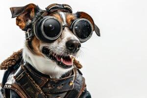 Happy Dog wearing Cyberpunk costumes, studio lighting, isolated on white background, stock photographic style photo